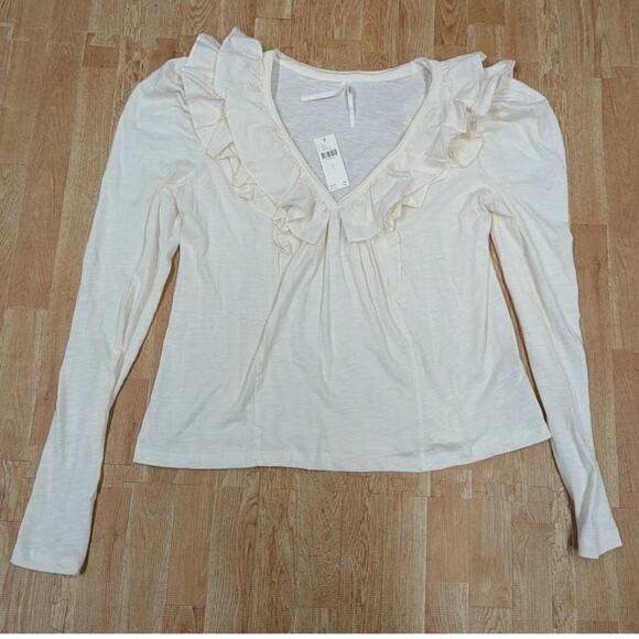 NEW Anthropologie Ruffle Peasant Blouse Womens long sleeve cream white top Sz S - Picture 1 of 7